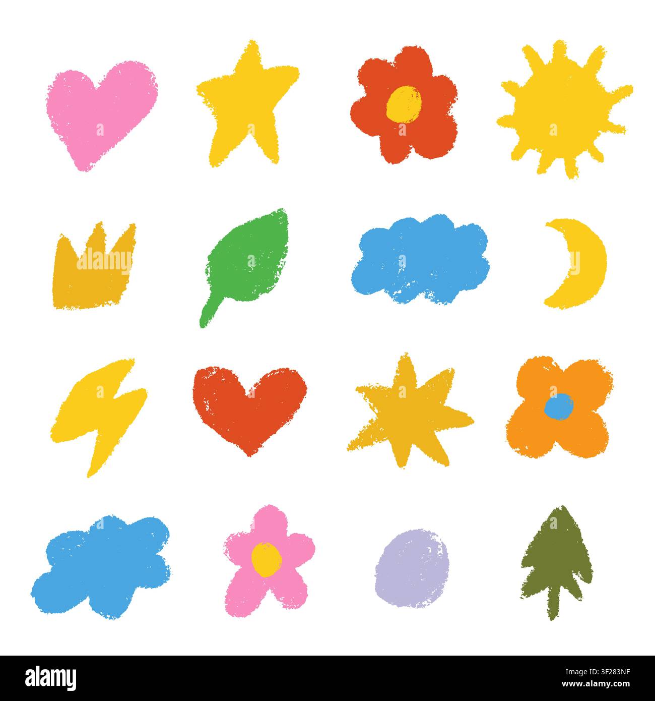 Cute crayon drawings icon set. Doodle chalk heart, sun, star, flower, crown, cloud, leaf Stock Vector