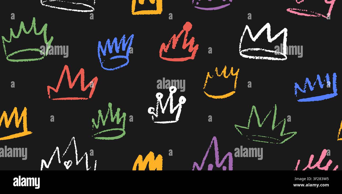 Crayon doodle crown seamless pattern. Hand drawn queen or king crowns background Stock Vector