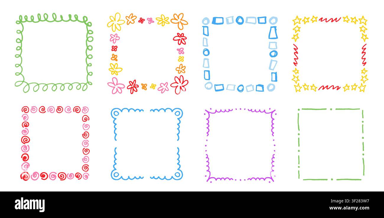 Hand drawn square frames collection. Colorful borders with doodle scribbles. Funny crayon frame vector set Stock Vector