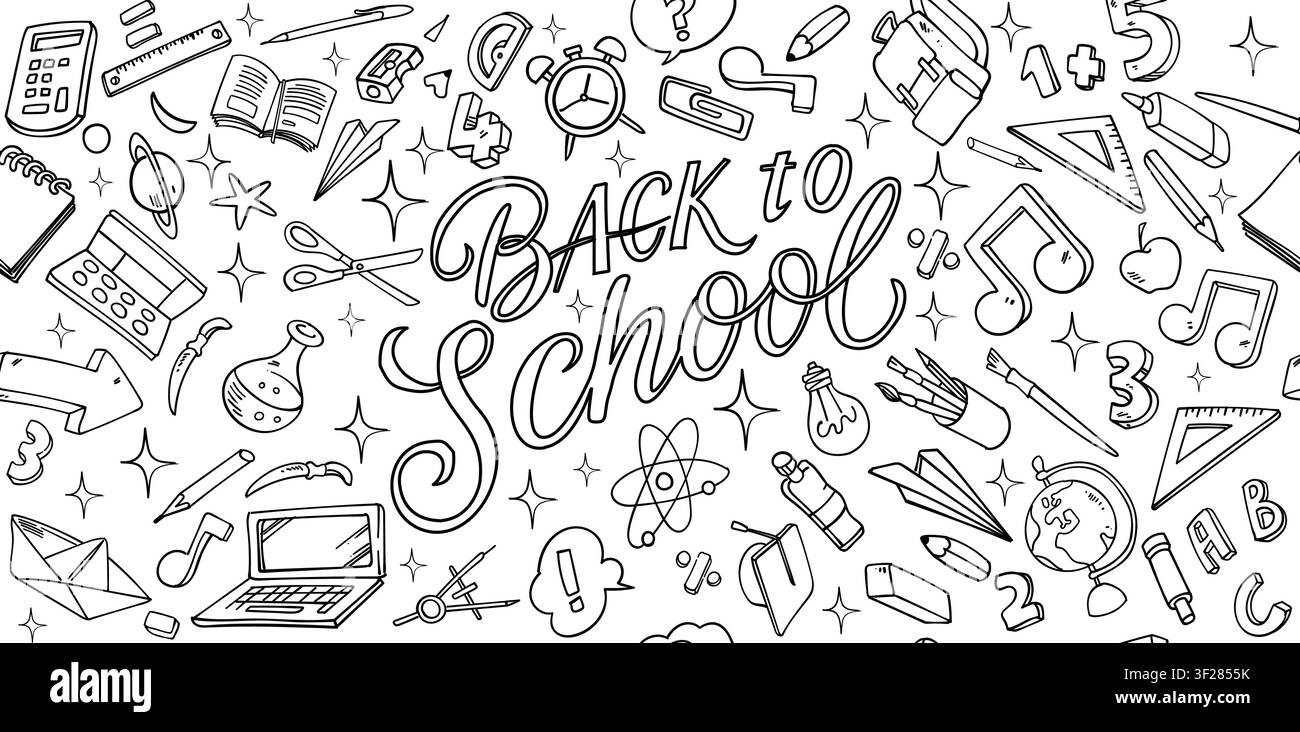 Back to School Doodle Pattern, Hand Drawn Education Vector Stock Vector