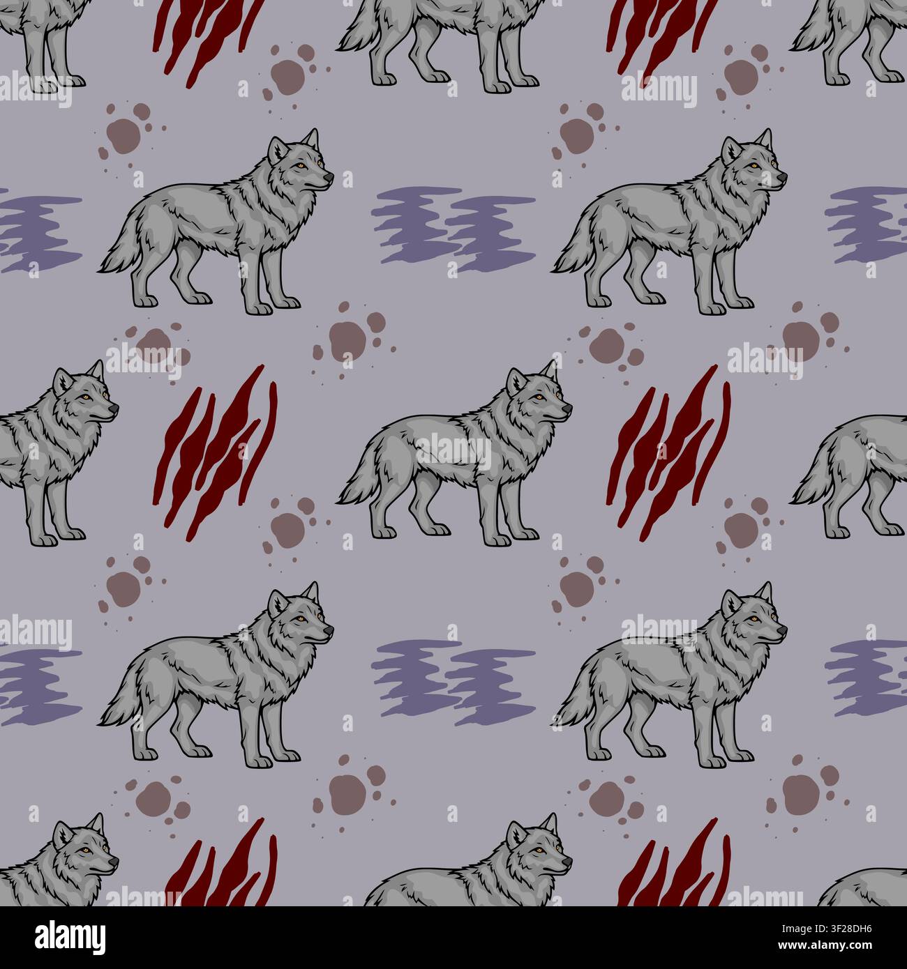 Seamless vector pattern featuring stylized grey wolves with paw prints and claw marks on a muted background Stock Vector