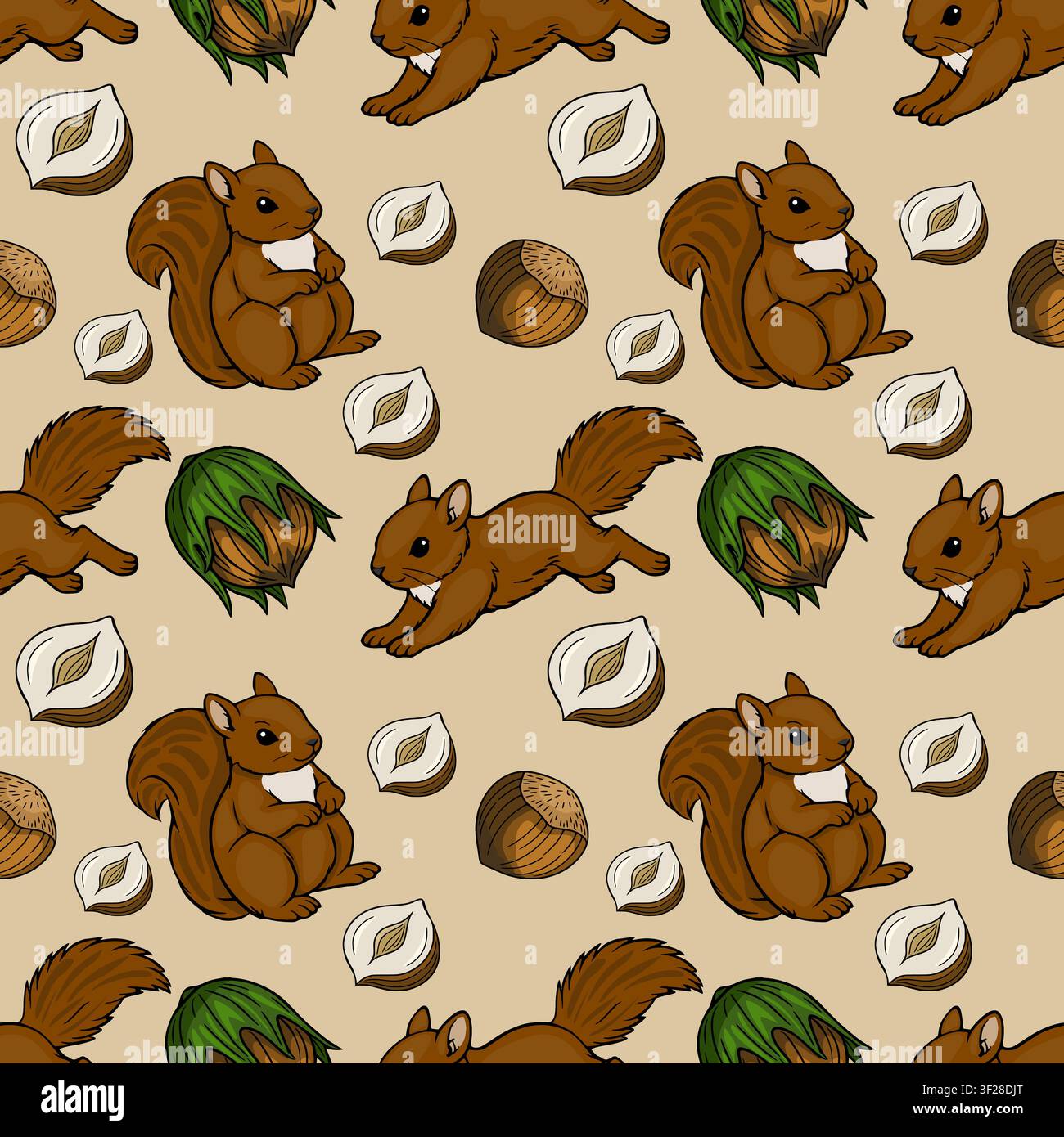 Seamless vector pattern with cute cartoon squirrels and hazelnuts on a light beige background Stock Vector