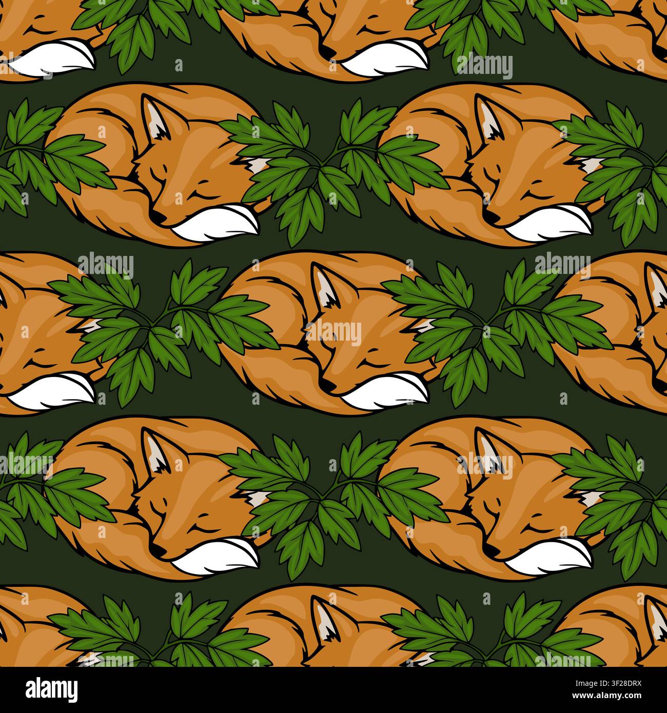 Seamless vector pattern with cute sleeping foxes and green forest leaves on dark background Stock Vector