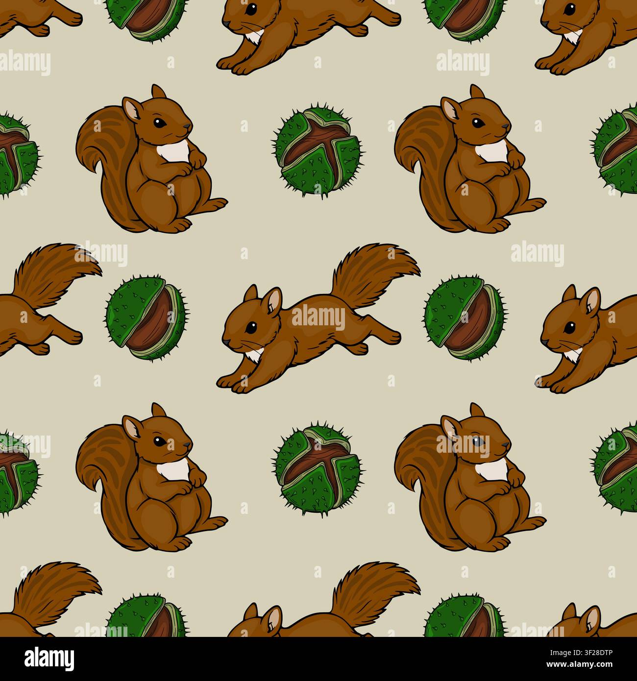 Cute squirrel and chestnut seamless vector pattern for autumn nursery decor Stock Vector