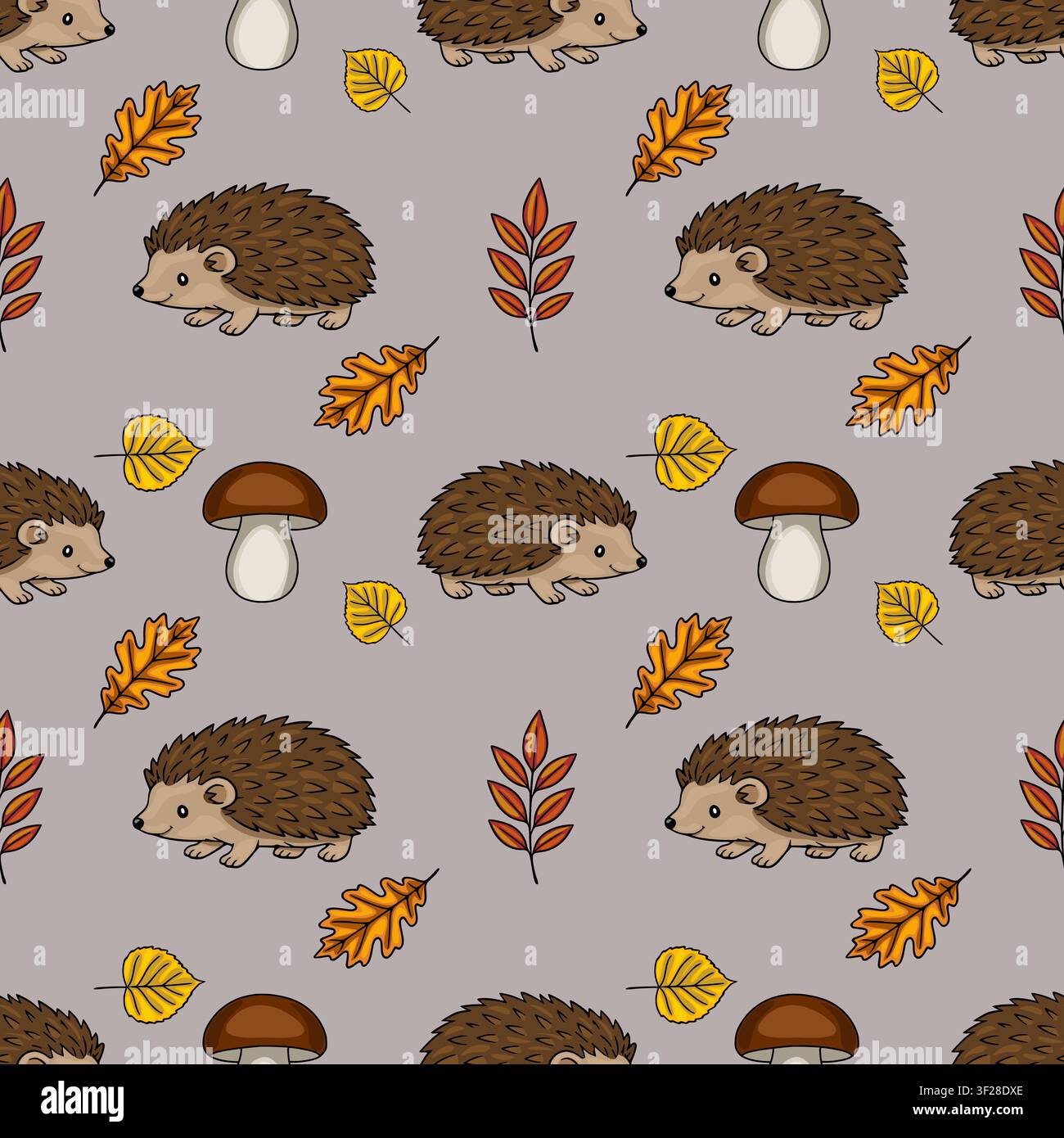 Seamless vector pattern with cute hedgehogs and autumn leaves Stock Vector