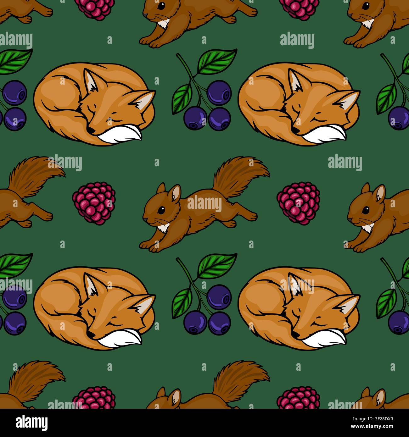 Seamless vector pattern with sleeping foxes, squirrels, and forest berries on green background Stock Vector