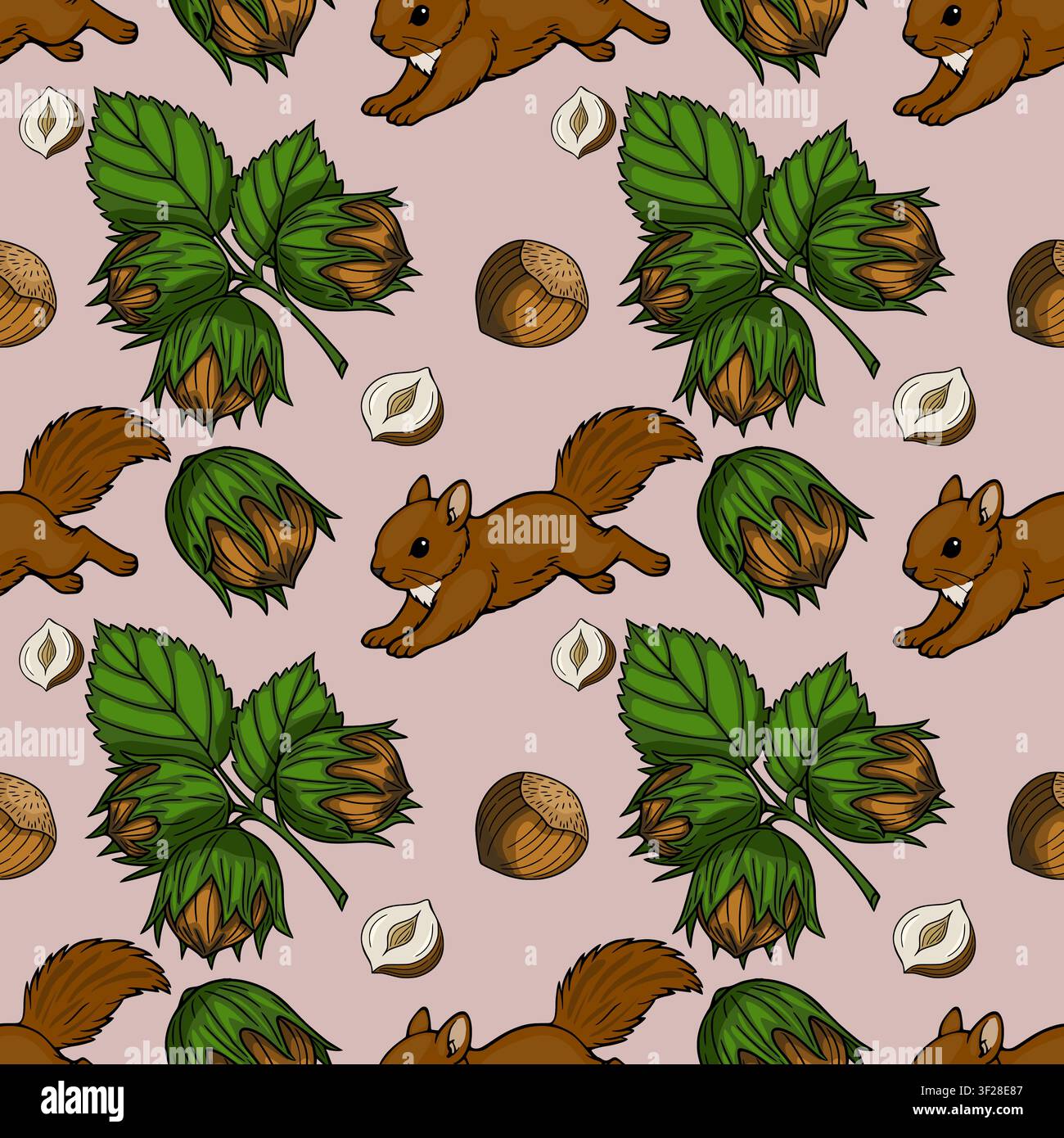 Seamless pattern with cute squirrels and hazelnuts vector illustration Stock Vector