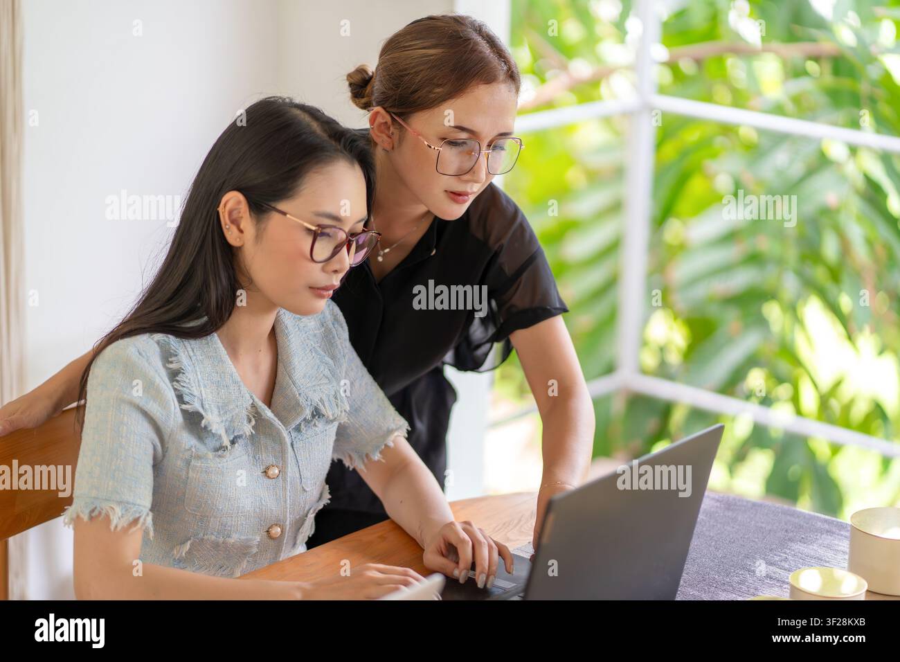 Two businesswomen reviewing information and collaborating on laptop work in a bright contemporary workspace. Stock Photo