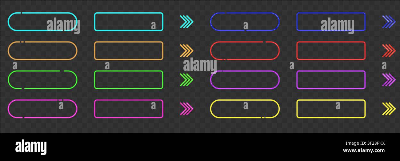Neon light frame rectangle with soft glow. Futuristic led element for web and app interfaces, game UI buttons, call to action design and dark Stock Vector