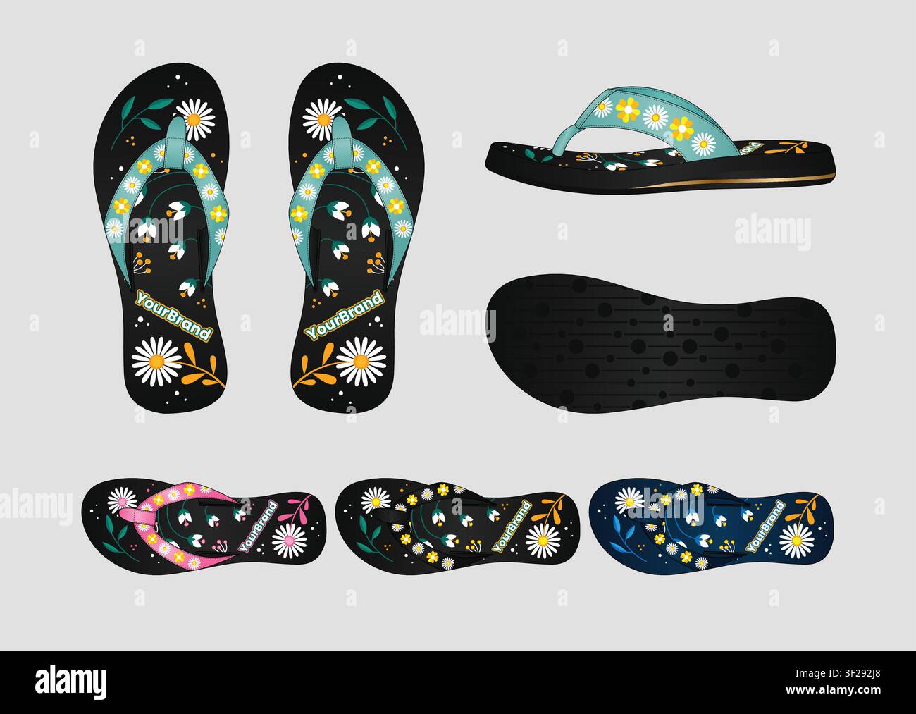 Floral Daisy Pattern Flip Flops Vector Tech Pack with Colorways Set Tech Pack Design Stock Vector