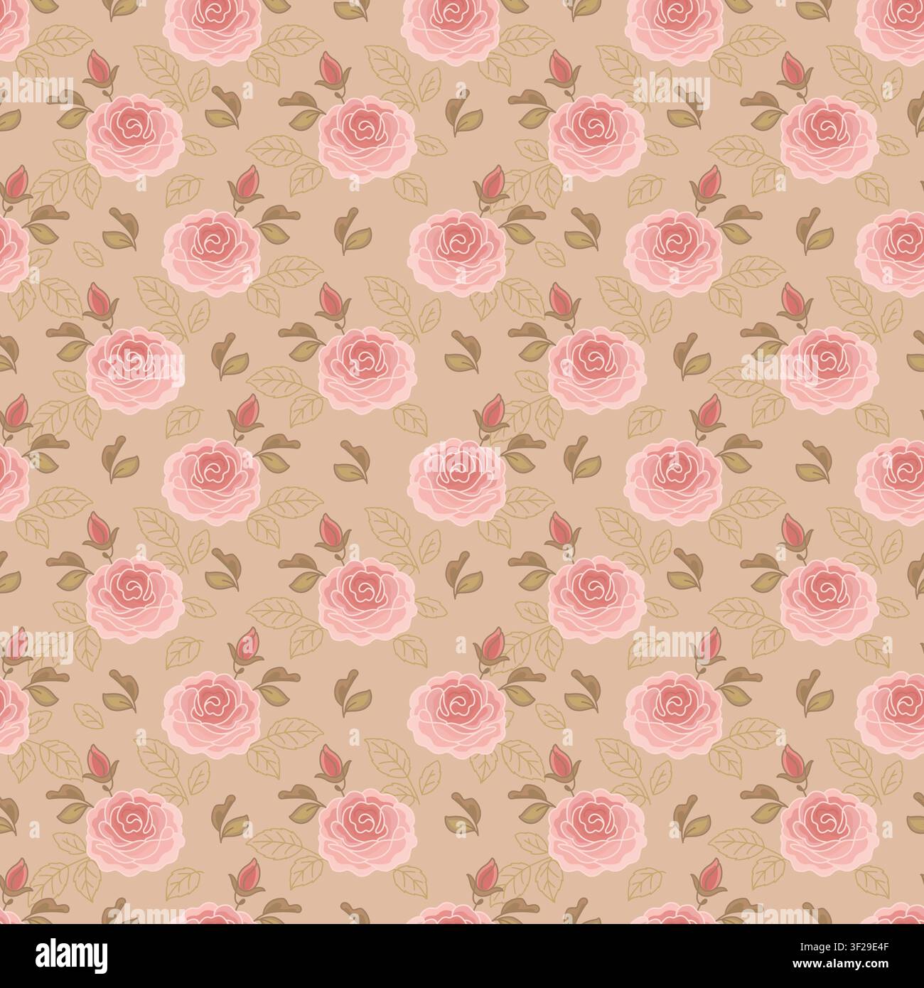 Vintage Pink Rose Seamless Pattern with Delicate Floral Elements Stock Vector