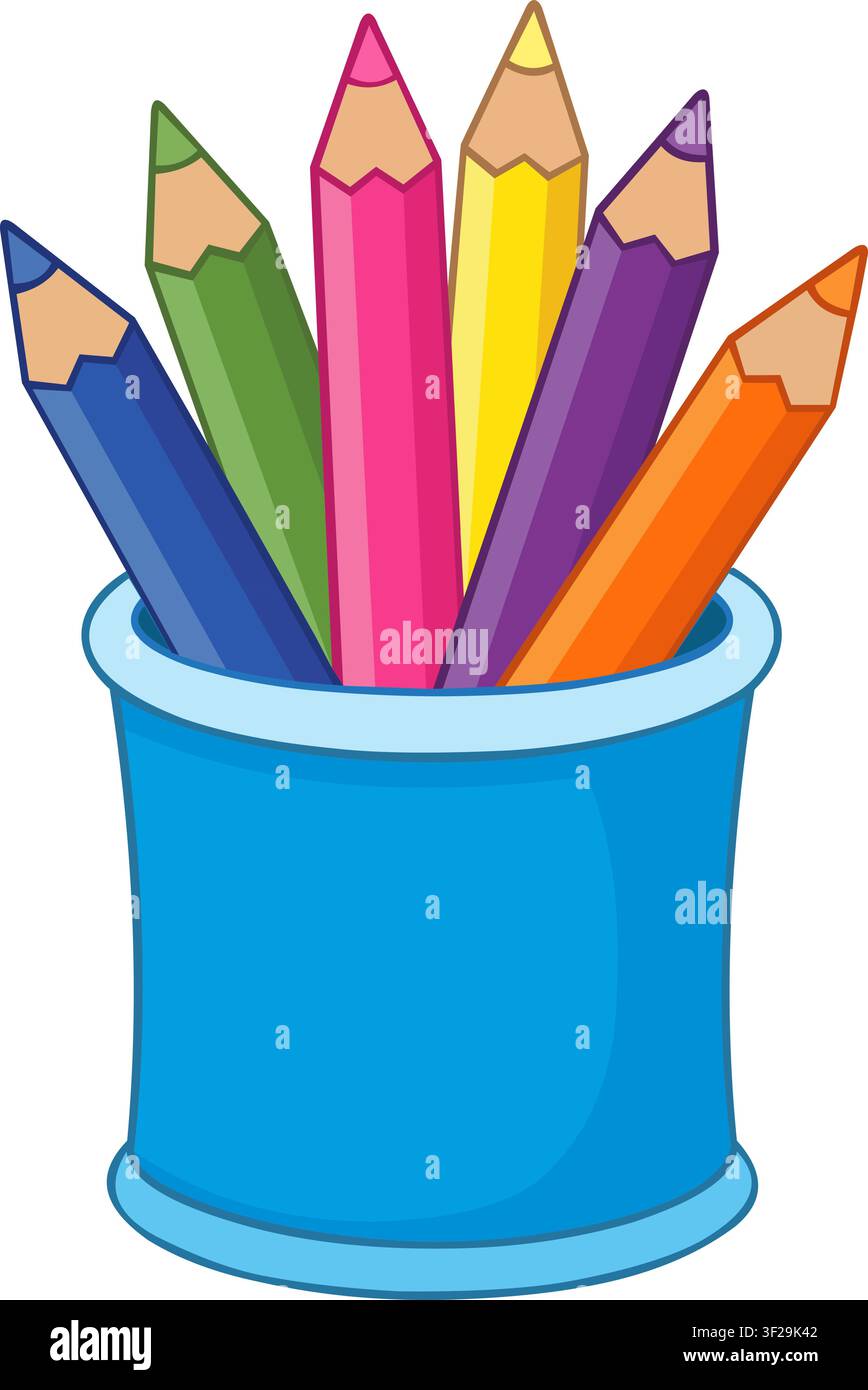 A collection of colorful wooden pencils standing inside a simple blue plastic cup holder Stock Vector
