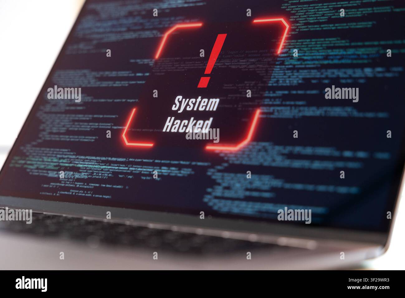 System hacked warning sign on a computer screen, data, code, encryption, computer crime. System hacked warning sign on a computer screen, data, code, Stock Photo