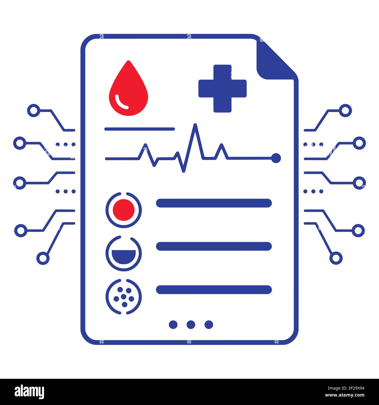 Medical report document with a drop, cross, and pulse line with digital circuit board lines on a white background, for diagnostics Stock Vector