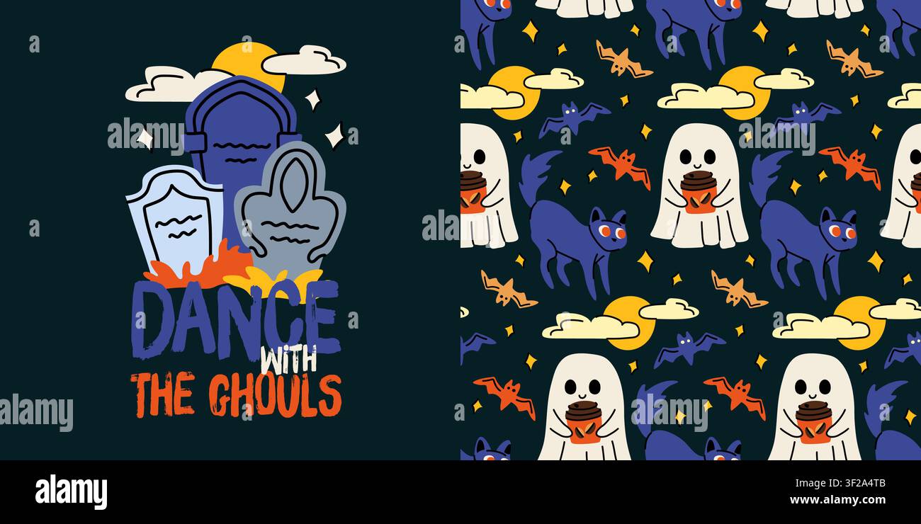 Spooky graveyard and ghosts hand drawn vector design bundle for Halloween decor Stock Vector