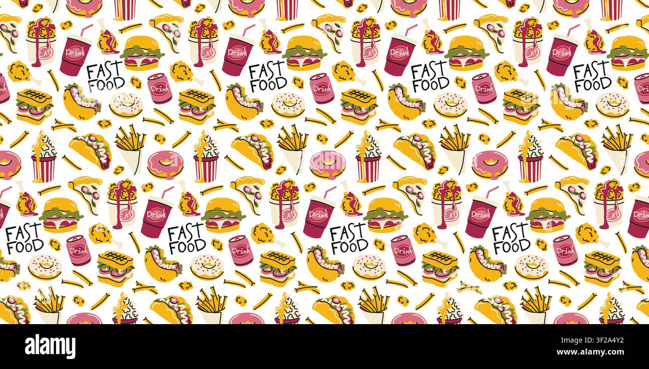 Fast food seamless pattern hand drawn vector for packaging design Stock Vector