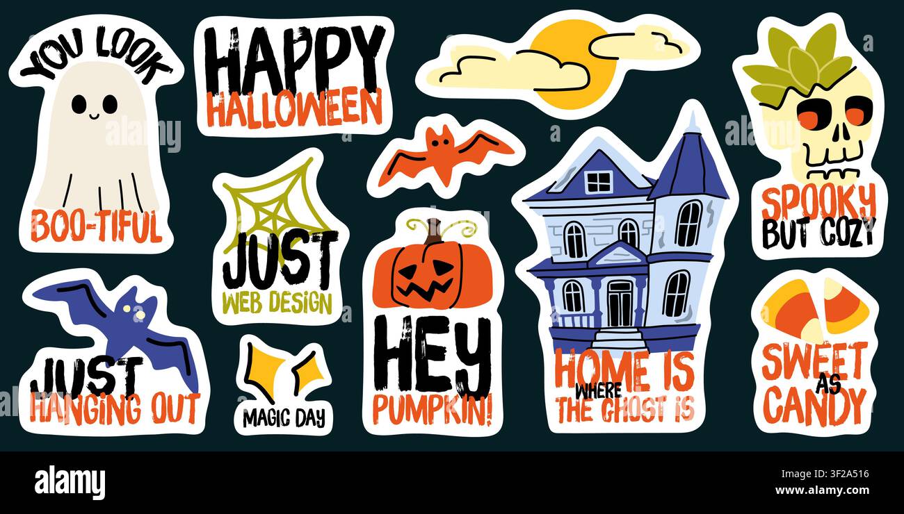 Halloween characters doodle sticker sheet hand drawn vector set for decor Stock Vector