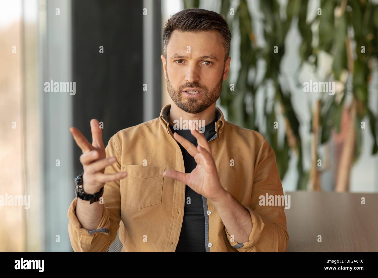 Man With Beard Engaging In Conversation, Modern Office Environment, Business Concept Stock Photo