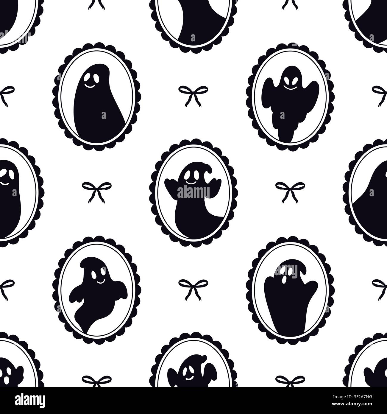 Seamless Halloween pattern with black ghost silhouettes in frames and bows Stock Vector