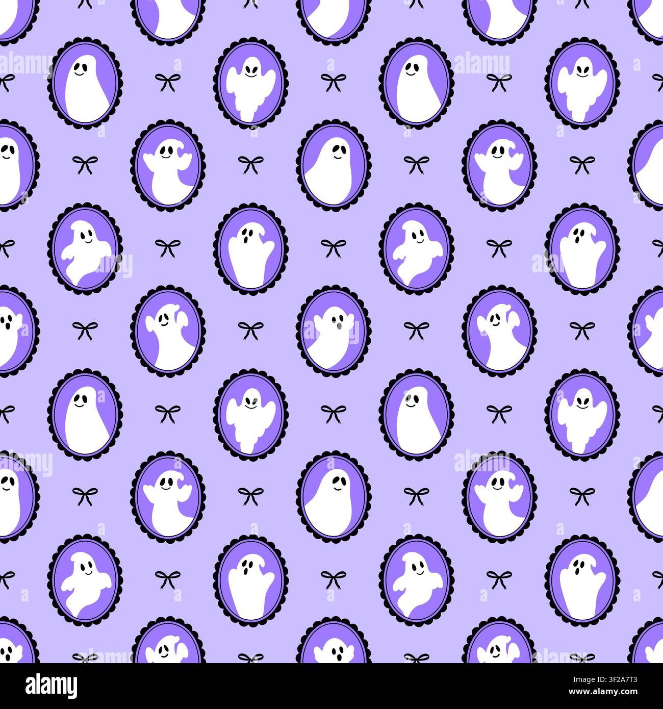 Seamless Halloween pattern with cartoon ghosts in frames and black bows Stock Vector