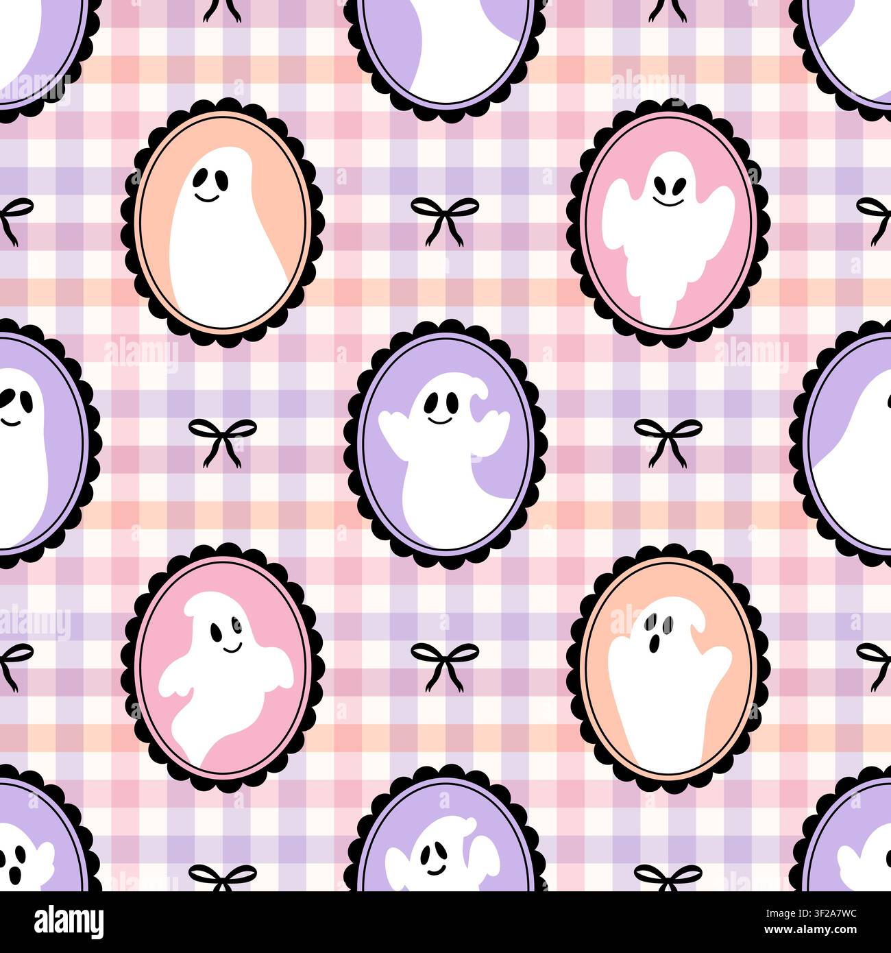 Seamless Halloween pattern with ghosts in frames on pastel gingham backdrop. Stock Vector