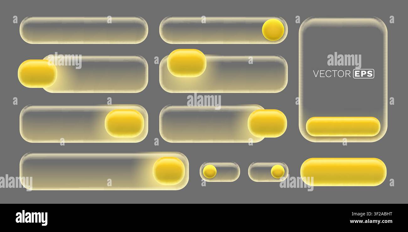 Glassmorphism UI Elements Set with Yellow Glow. Modern web and app design components. Vector illustration Stock Vector