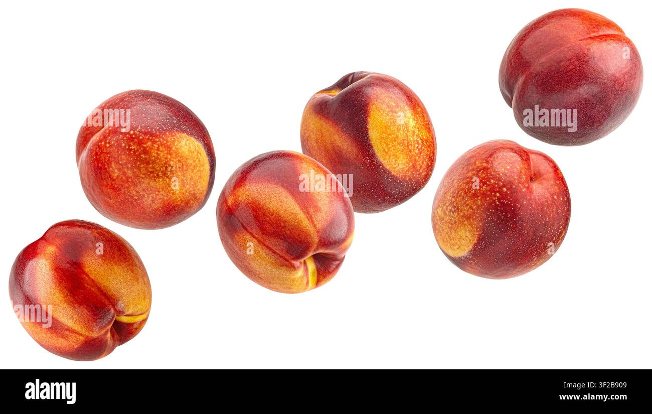 Falling nectarines isolated on white background Stock Photo