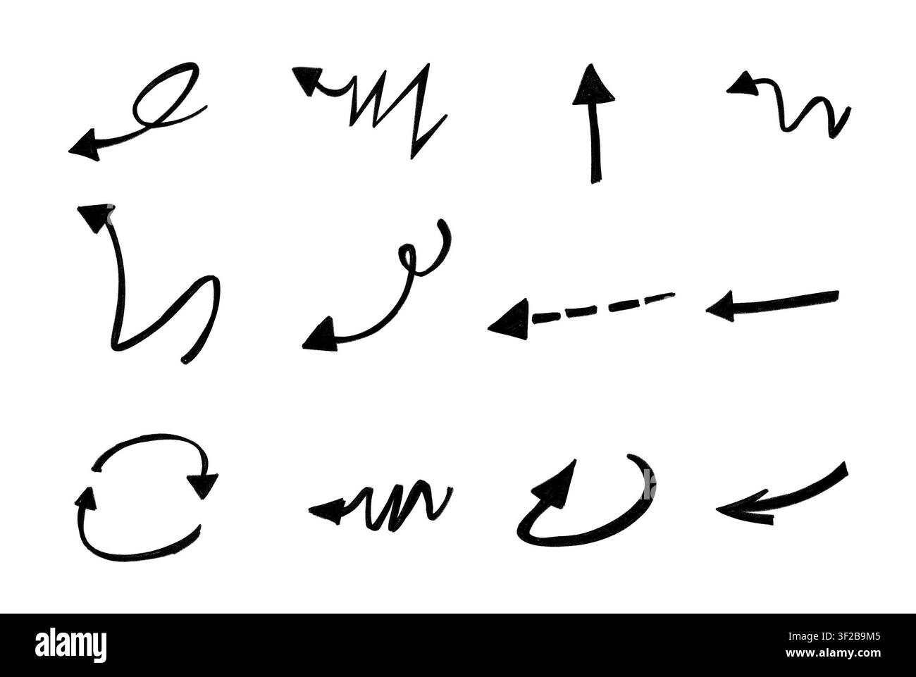 Group of twelve thick black marker hand drawn arrows with various curves and directions Stock Photo