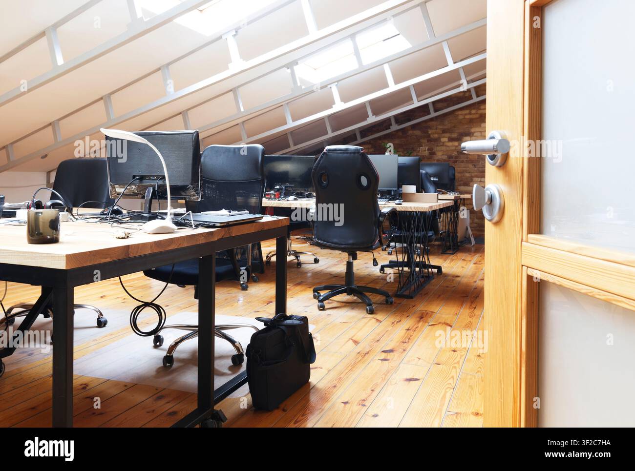 Empty interior office. Tables with computers and chairs Stock Photo