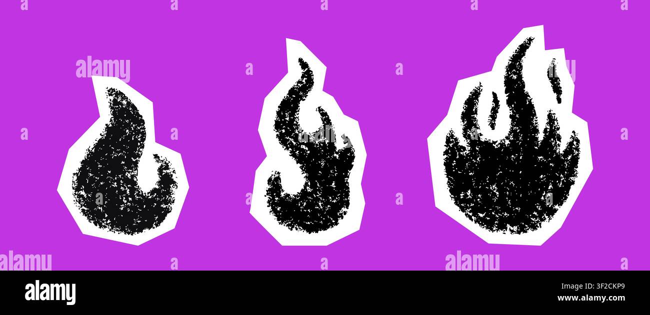 Doodle crayon fire in cut paper. Hand drawn flame with grunge texture. Graphic element ideal for collages and stickers. Crayon doodle fun fire. Vector Stock Vector