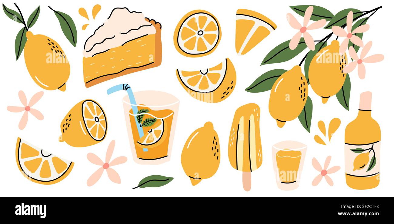 Hand Drawn Lemon Dessert and Drinks Illustration Set Stock Vector