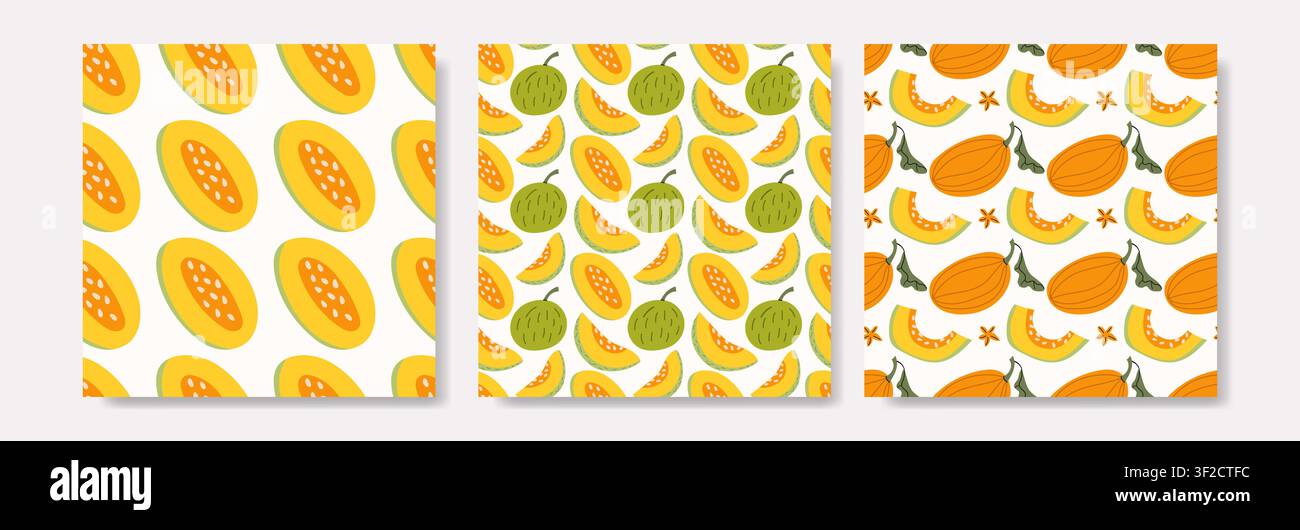 Melon Seamless Pattern Set with Fresh Fruit Slices Stock Vector