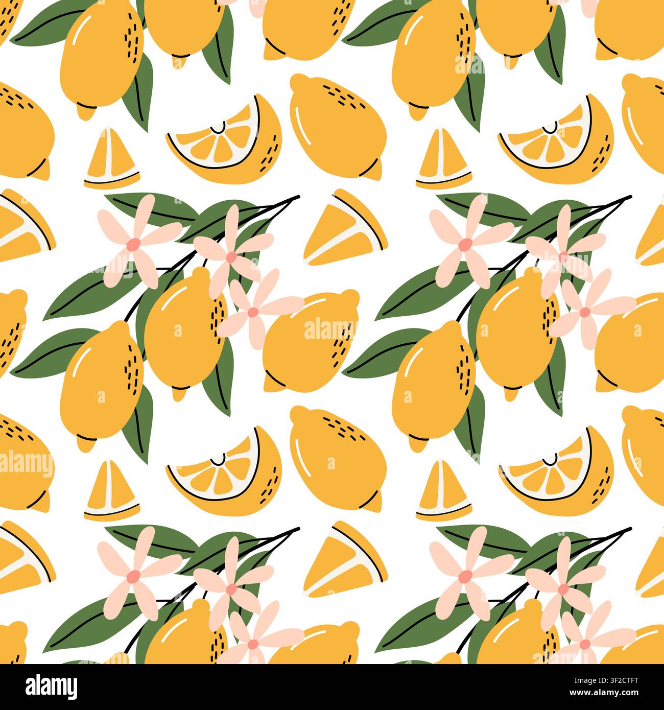 Fresh Yellow Lemon and Blossom Seamless Pattern Background Stock Vector