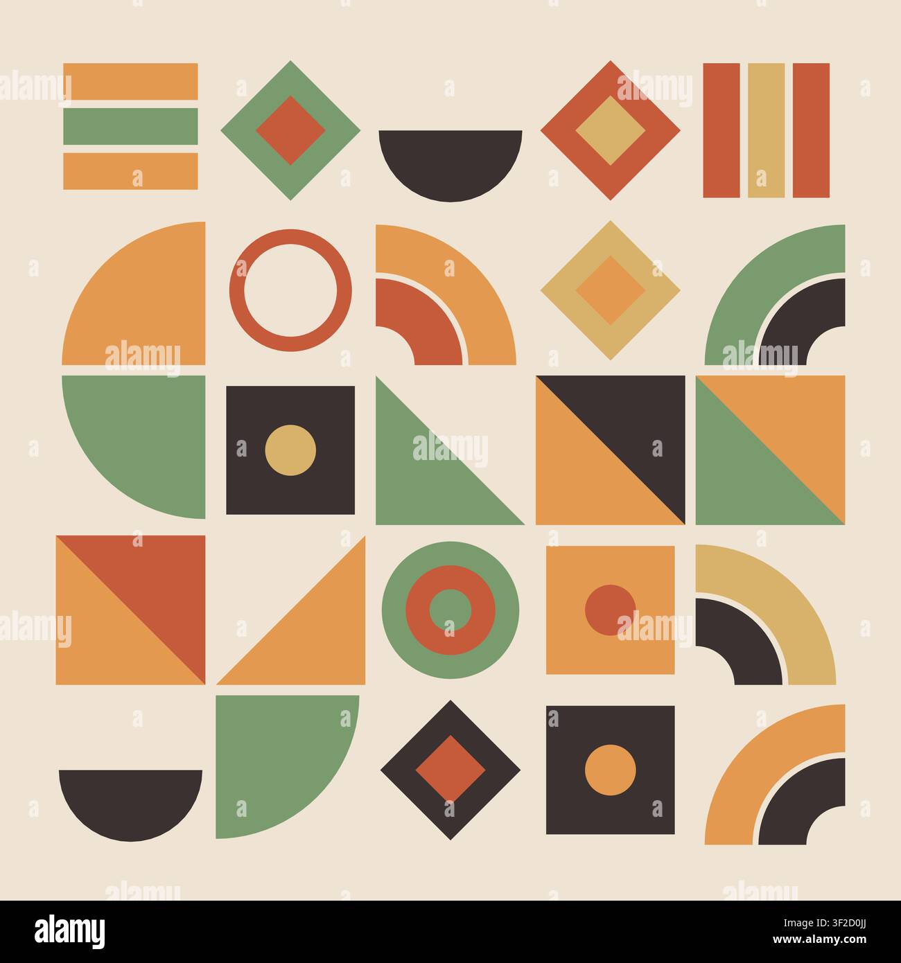 This design features a geometric composition of shapes including circles, triangles, and rectangles on a paper-toned background. Stock Vector