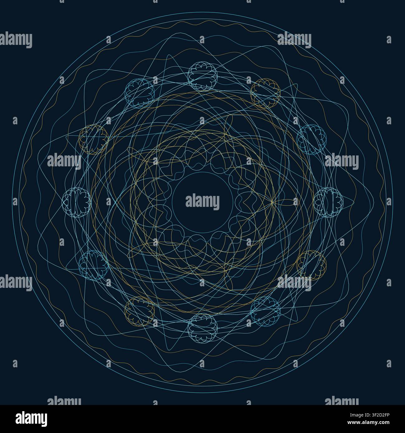 This design features a guilloche spirograph rosette created with fine interwoven lines. It displays concentric bands and a symmetrical circular frame Stock Vector