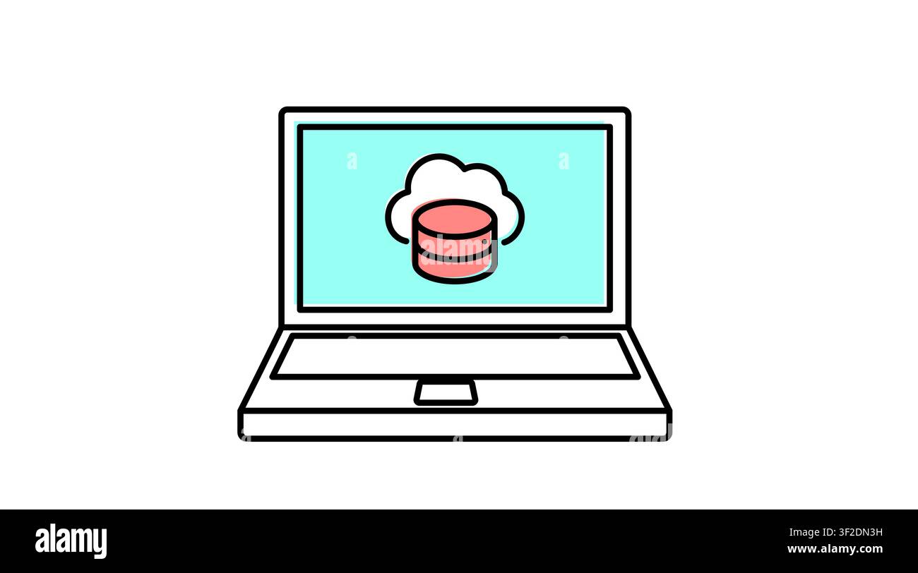 Laptop cloud database icon: portable notebook computer displaying cloud storage and database server symbol on screen, modern offset color line art vec Stock Vector