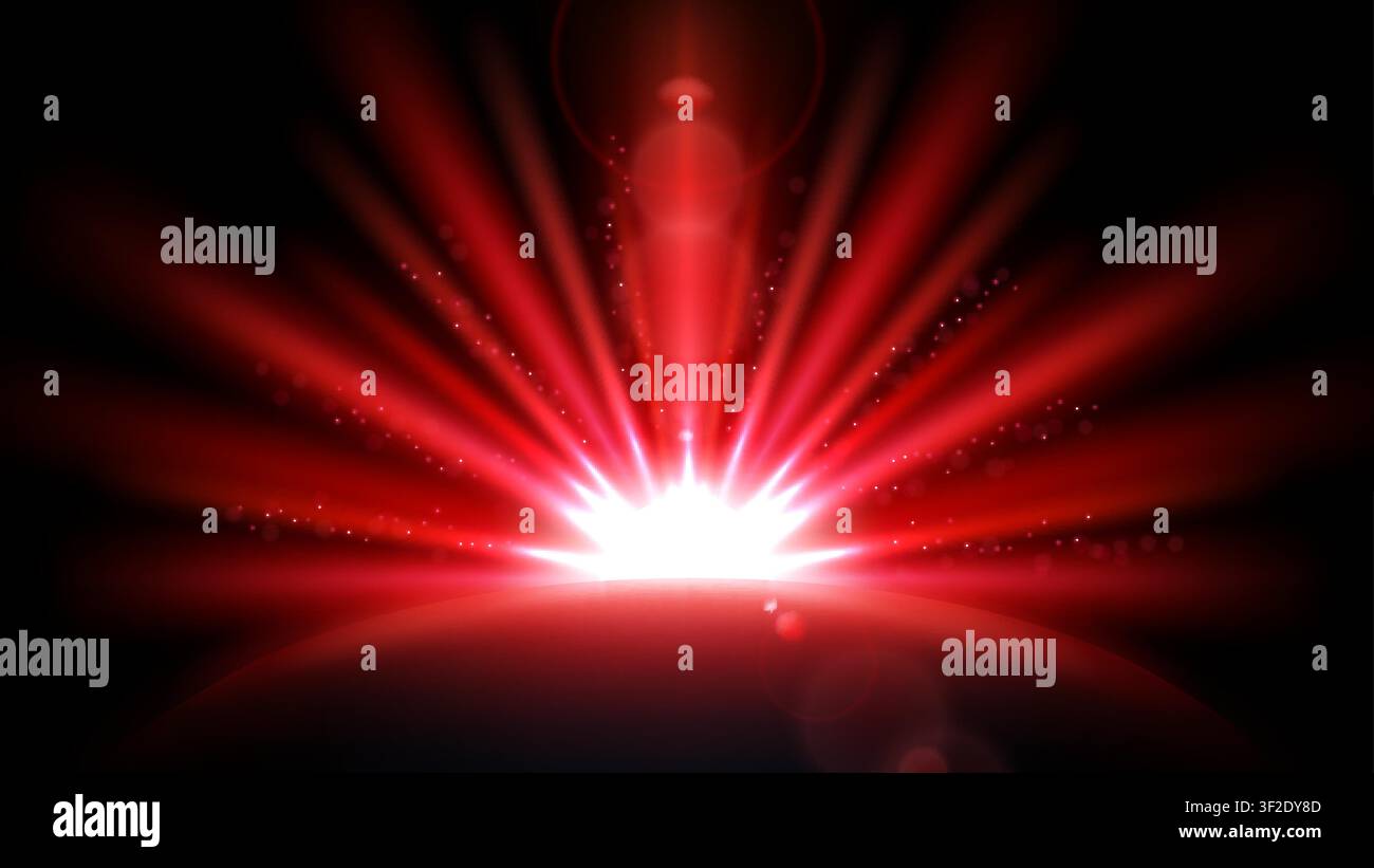 Red Rays with Lens Flare Isolated on Black Background. Widescreen Resolution, Vector Illustration Stock Vector