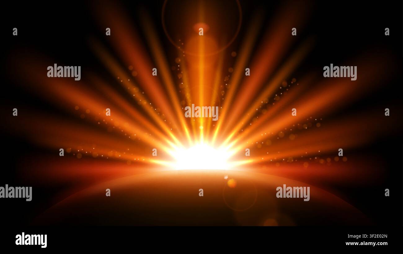 Sun Rays with Lens Flare Isolated on Black Background. Widescreen Resolution, Vector Illustration Stock Vector