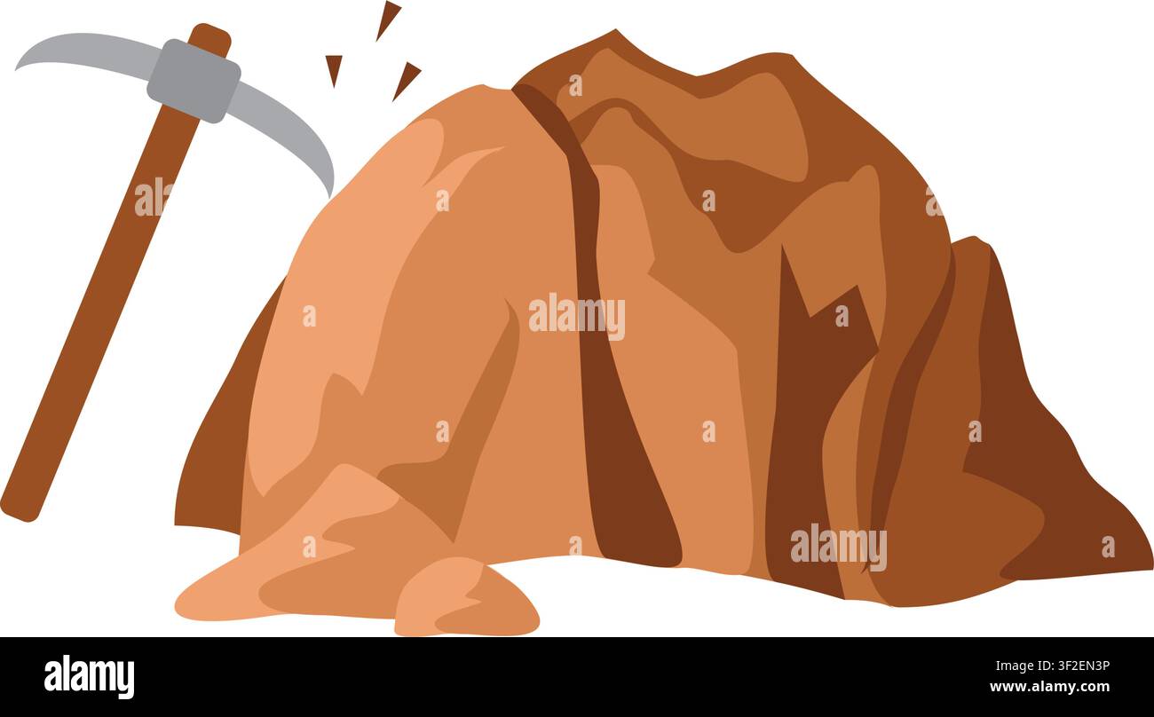 Pickaxe Hitting Rock Mound Vector Icon for Mining and Excavation Design Stock Vector