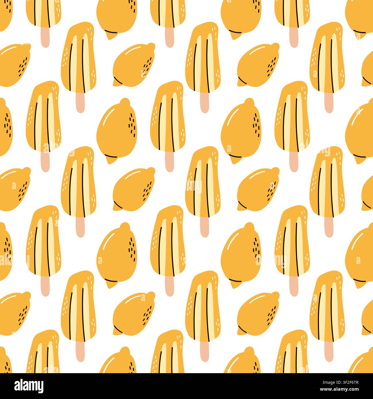 Bright Seamless Lemon Pattern with Citrus Fruits and Popsicles Stock Vector