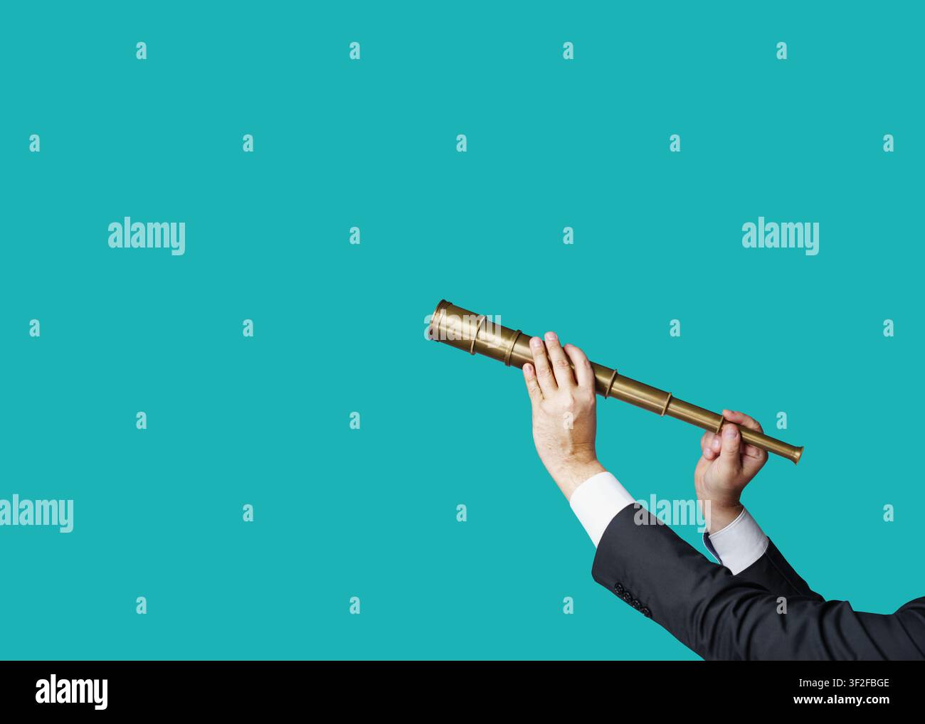 Hands in business attire hold a pirate telescope, isolated against a flat-design background. Business analytics and strategic thinking. Stock Photo