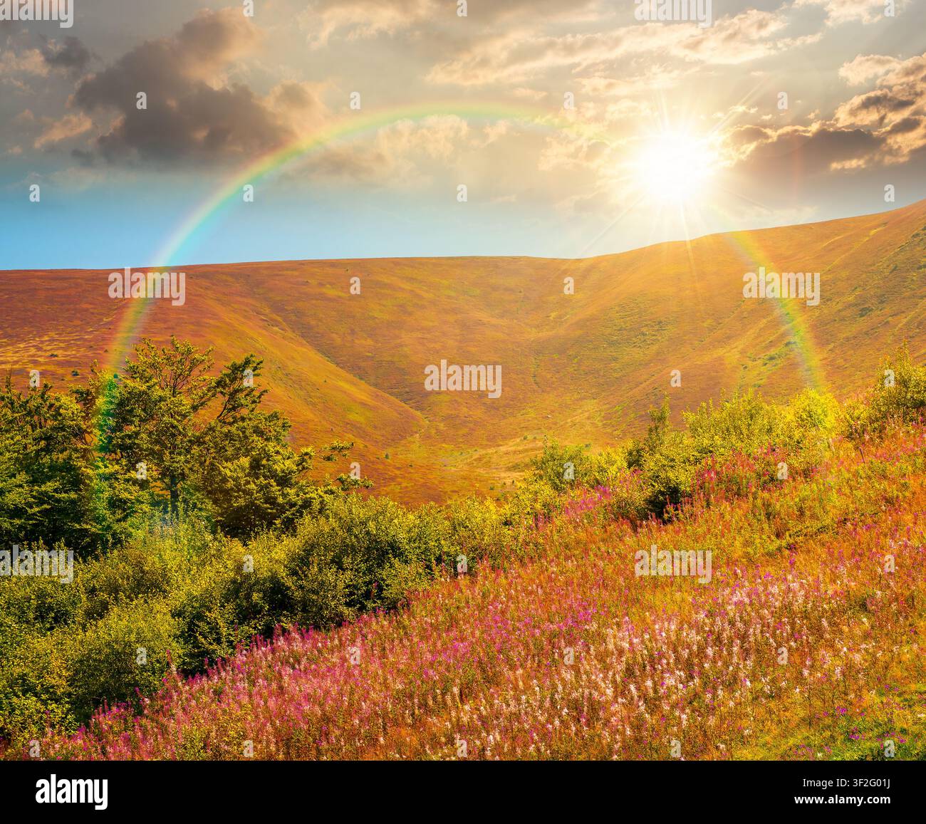 carpathian mountain landscape. travel ukraine in summer. slopes mountain ridge in august at night. wonderful carpathian adventure in full moon light Stock Photo