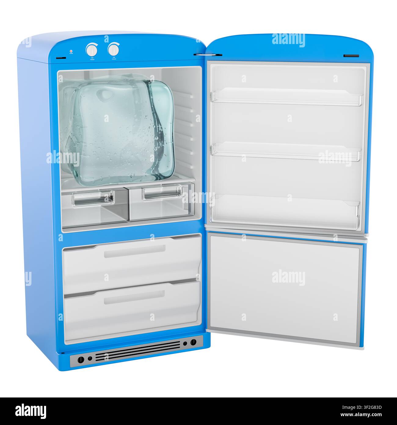Open refrigerator with giant ice cube, cooling and freezing concept. 3D rendering isolated on white background Stock Photo