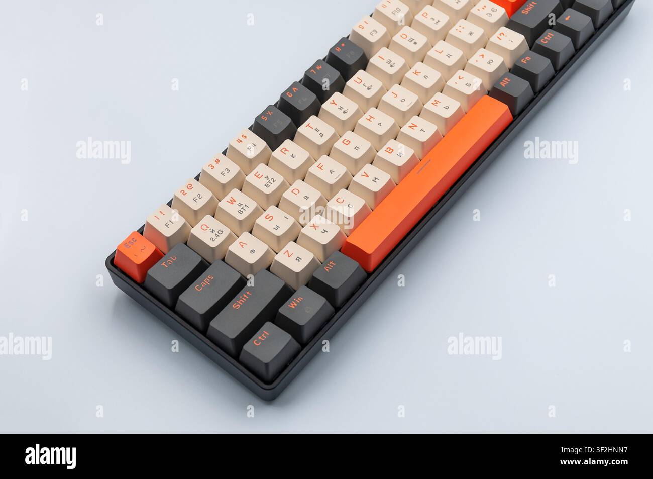 Mechanical gaming keyboard close up on light gray background Stock Photo