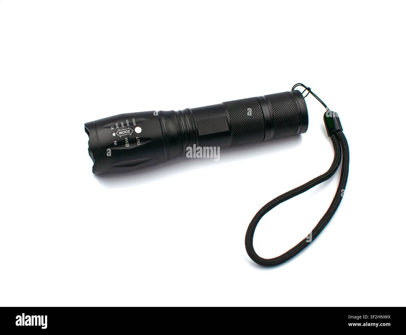 Modern black tactical LED flashlight isolated on white background Stock Photo