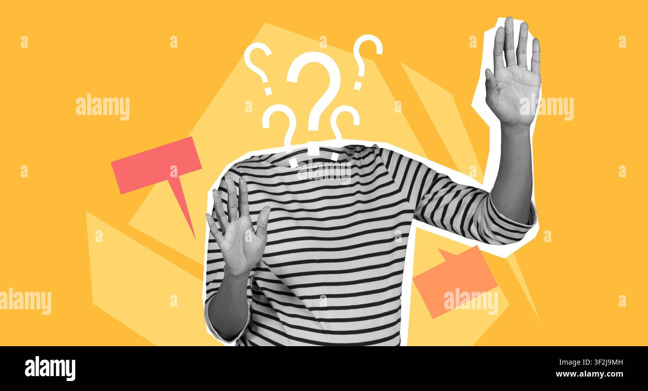 Unrecognizable Person With Hands Raised, Question Marks Floating, Concept Of Uncertainty Stock Photo
