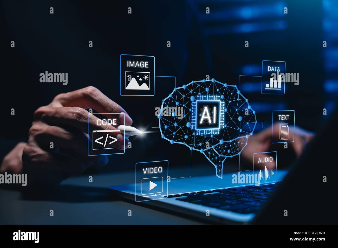 Generative AI Content Creation. AI brain interface with image, code, video, data analytics, text, audio generation tools. generative ai Stock Photo