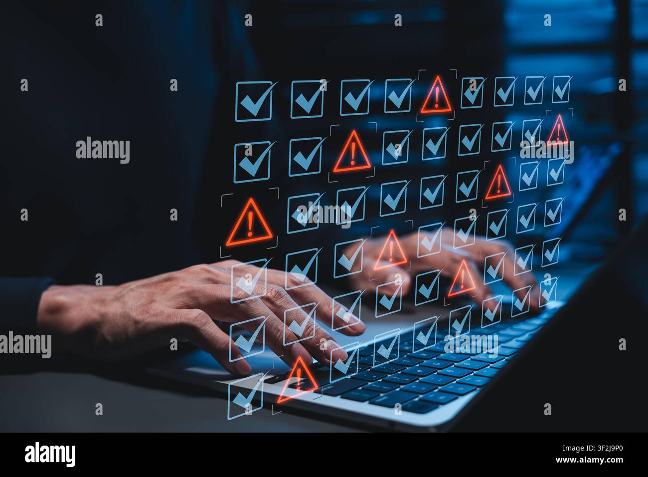 Cyber security risk compliance audit and digital data vulnerability warning alert system concept. developer typing on laptop computer to detect Stock Photo