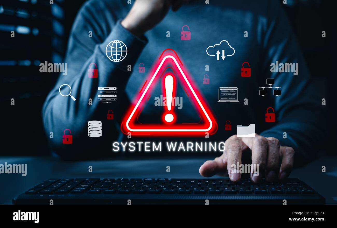 System warning and cybersecurity alert concept featuring danger triangle, unlocked padlocks, server, cloud, database, network icons. system breach Stock Photo