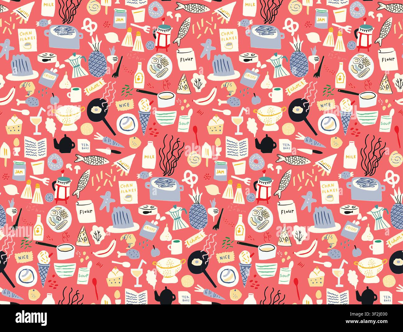 Seamless vector pattern featuring cute hand-drawn food, ingredients, and kitchen tools in a papercut style on a red background. Great for textiles and Stock Vector